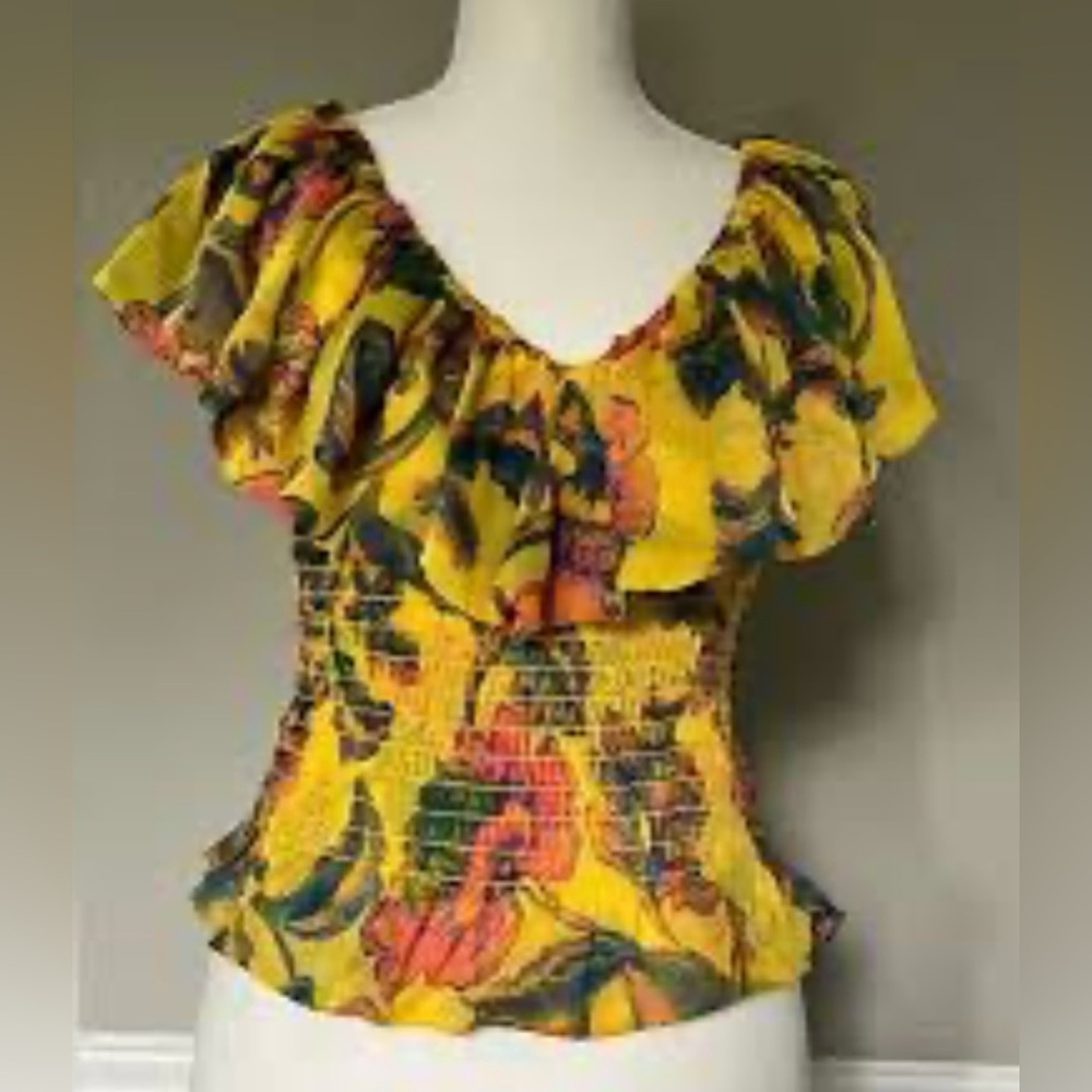 Misa Los Angeles Yellow Floral Ruffle Blouse